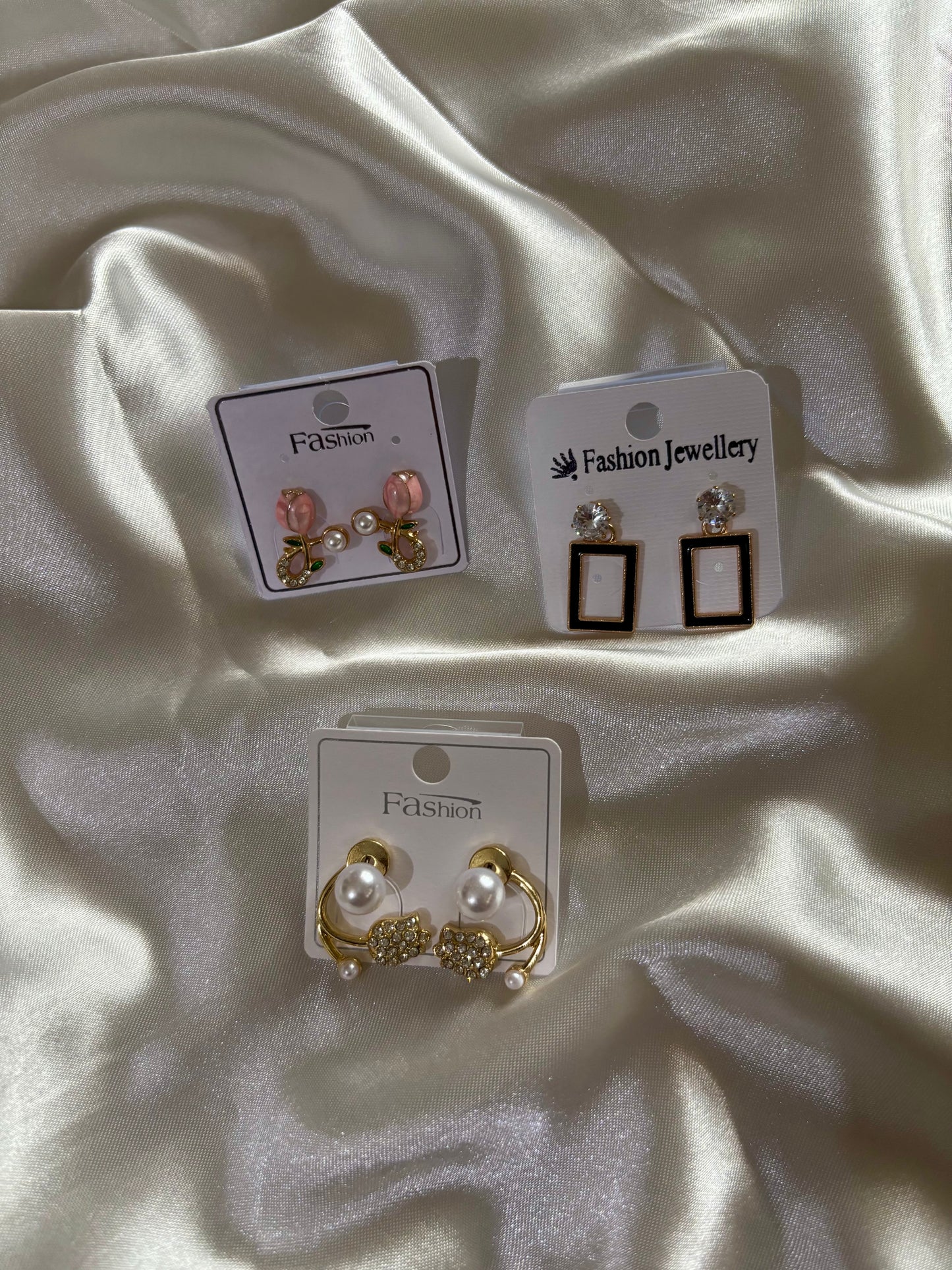 Korean Style Gold Plated Earrings Combo – 3 Pair Pearl & Crystal Fashion Stud Earrings Set for Women
