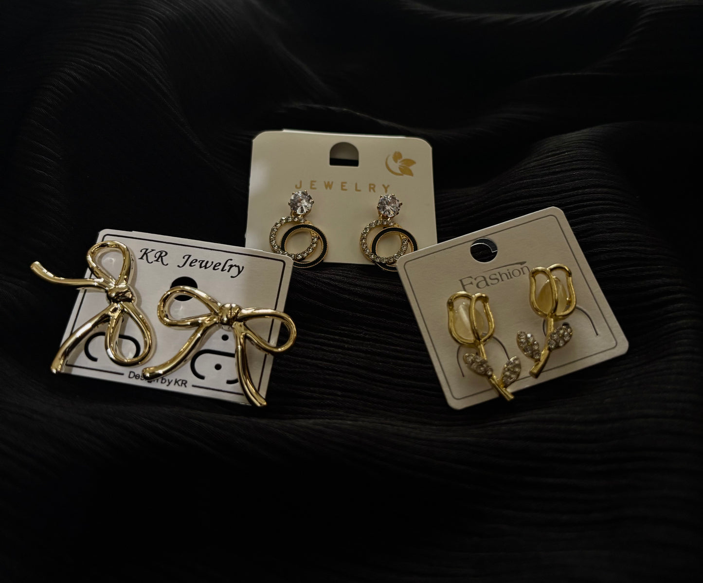 3 Pair Korean Style Gold Earrings Set – Bow, Crystal Circle & Floral Leaf Design Trendy Fashion Earrings for Women