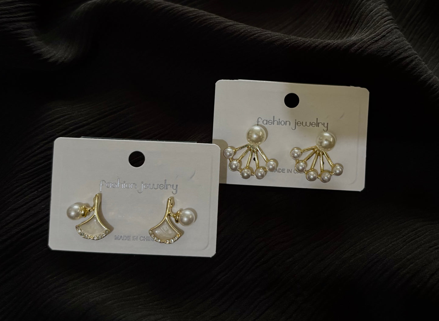 Gold Plated Pearl Fan Stud Earrings – Elegant Korean Style Statement Jewelry for Women