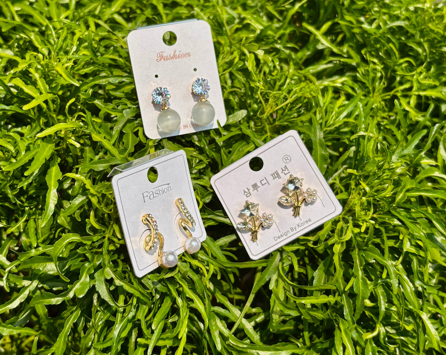 Korean Style 3 Pair Earrings Set – Crystal Stud, Pearl Drop & Cute Floral Gold Earrings for Women