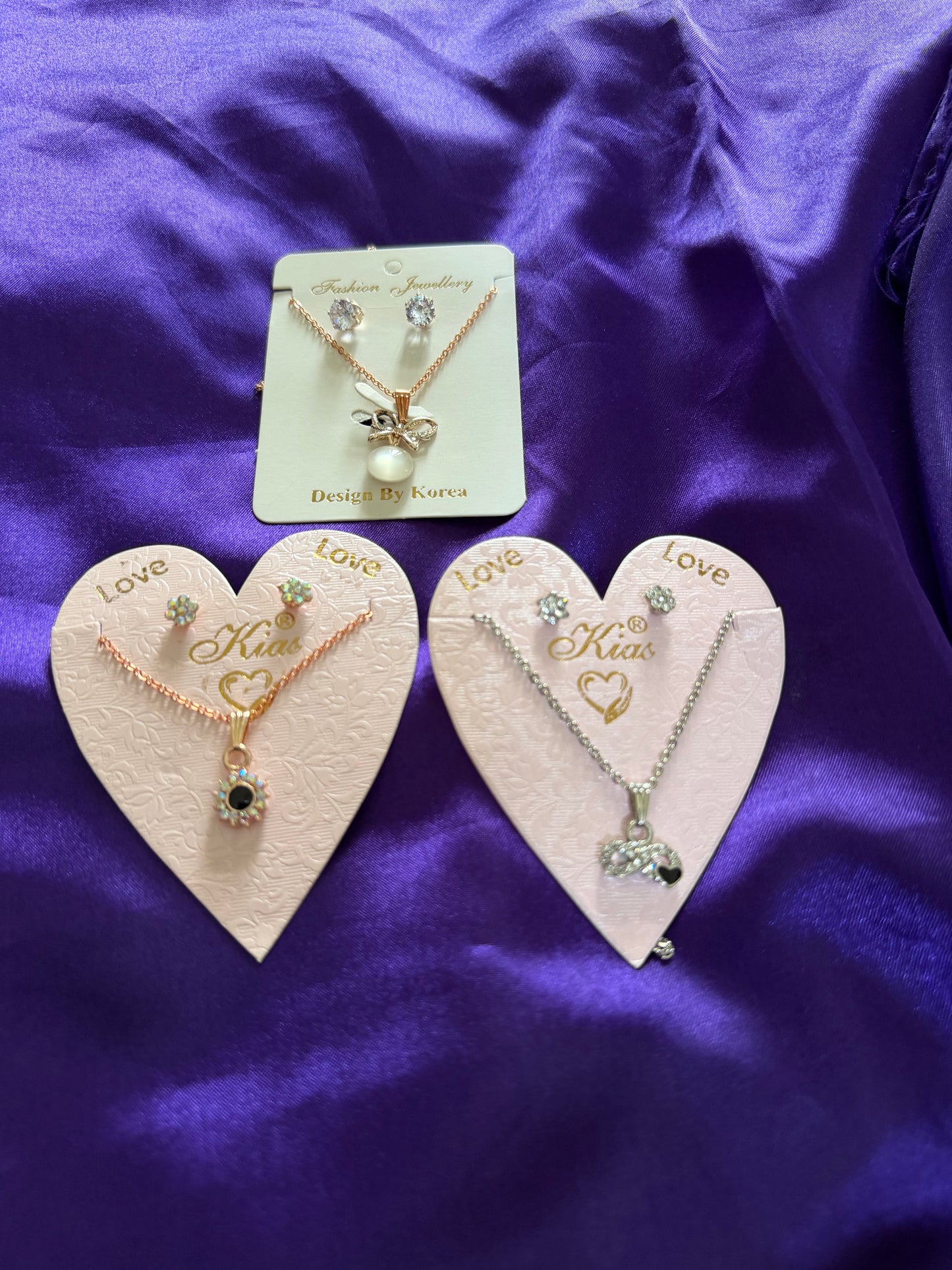 Elegant 3 Piece Necklace and Earring Set Combo – Crystal, Pearl & Heart Pendant Jewelry for Women