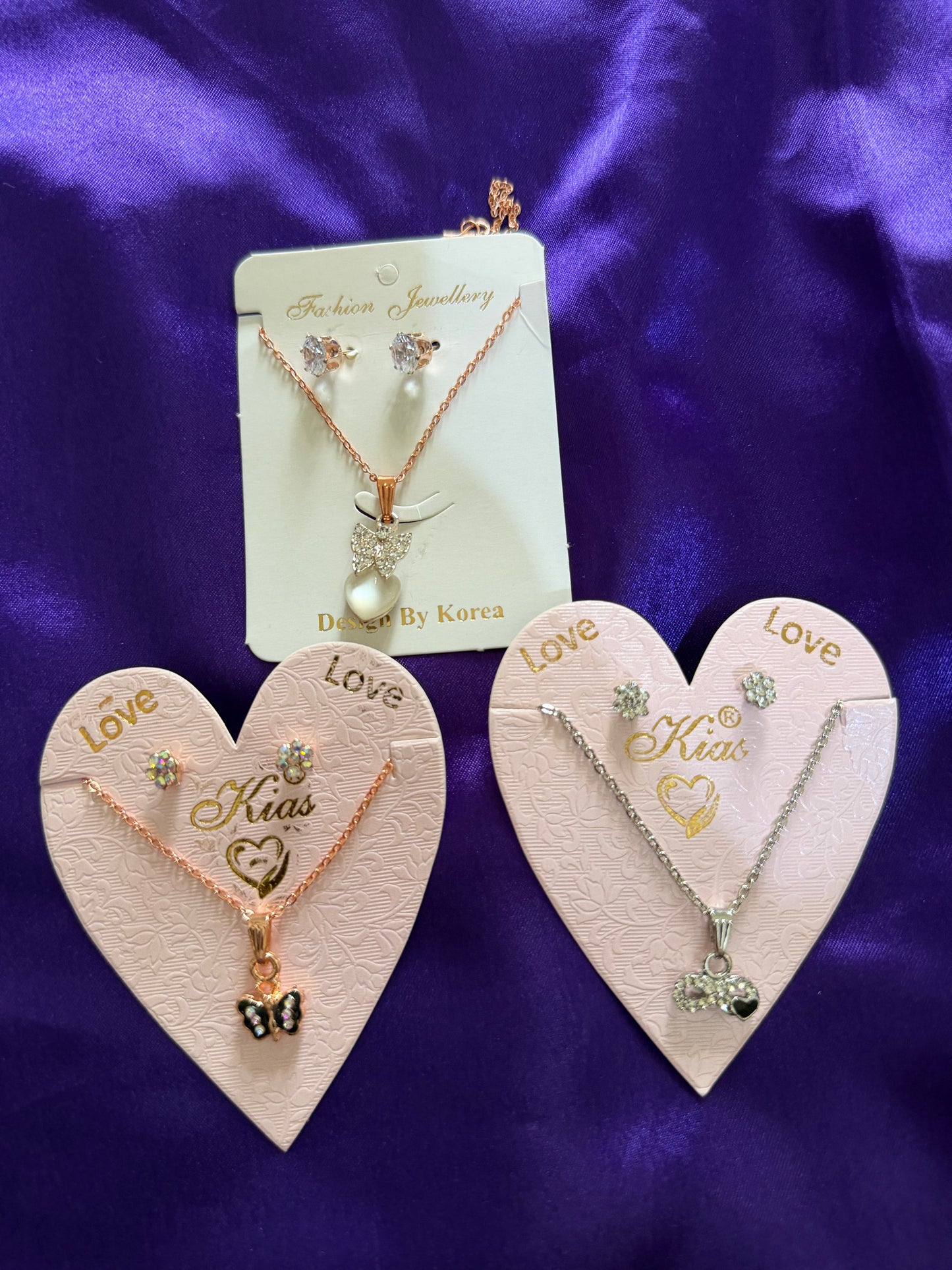 Elegant 3 Piece Necklace and Earring Set Combo – Crystal, Pearl & Heart Pendant Jewelry for Women