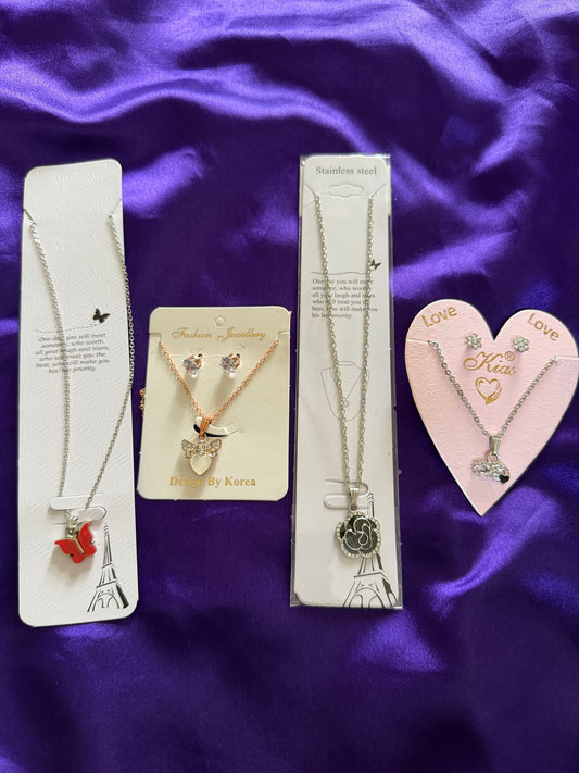 Korean Style Necklace Combo Set with Earrings – Butterfly, Bow Heart & Black Floral Pendant Collection