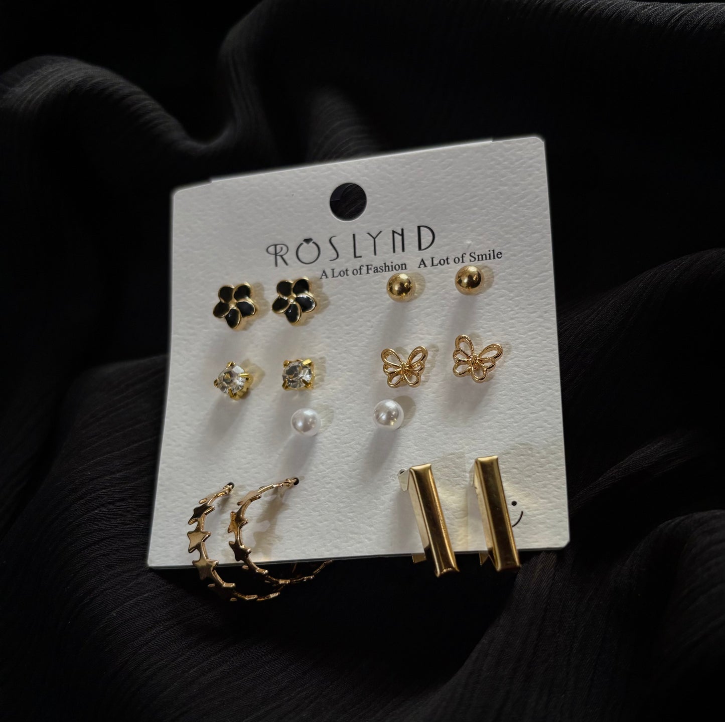 Trendy 7 Pair Gold Stud & Hoop Earrings Set – Butterfly, Pearl, Crystal & Flower Earrings for Women