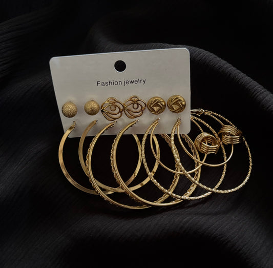 Trendy 6 Pair Gold Hoop & Stud Earrings Set – Textured Ball, Rose Design & Pattern Earrings for Women