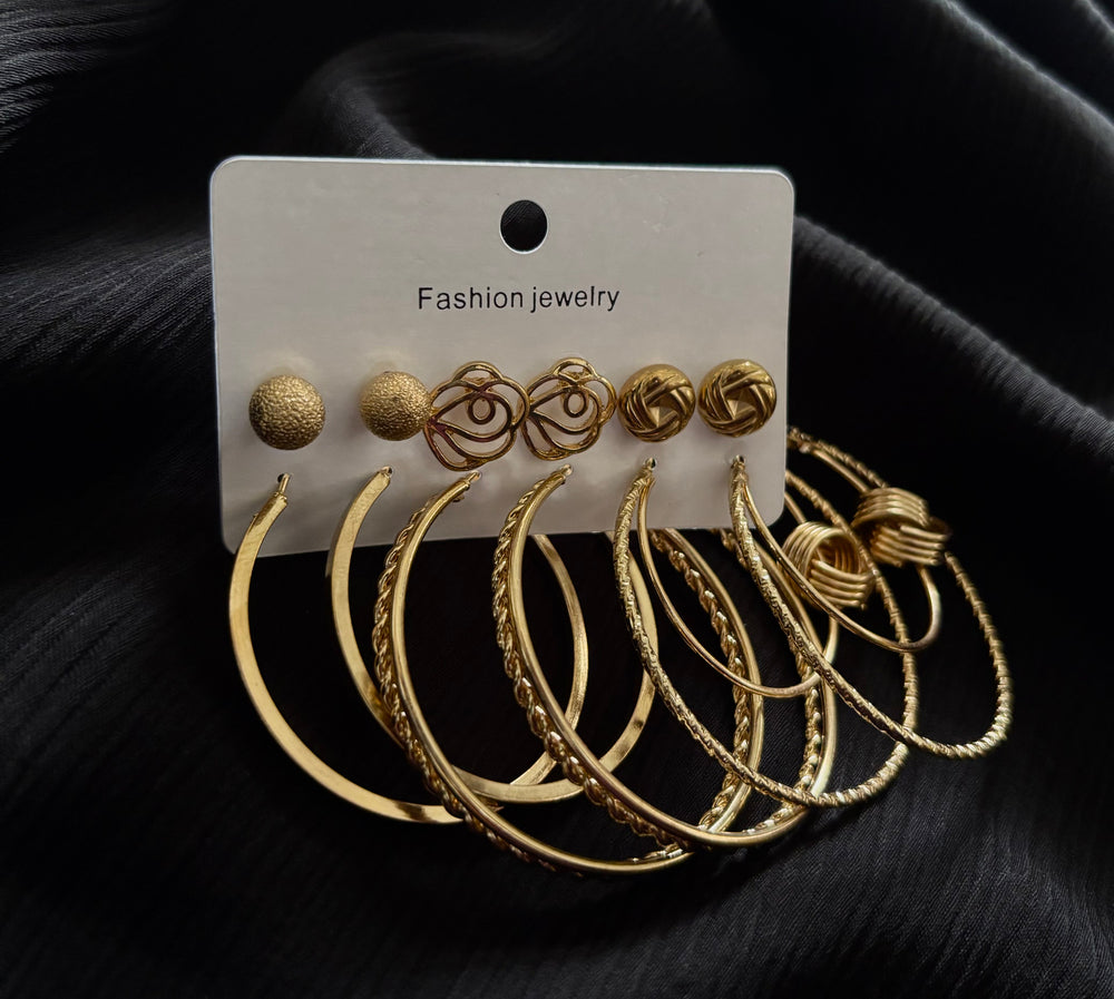 Trendy 6 Pair Gold Hoop & Stud Earrings Set – Textured Ball, Rose Design & Pattern Earrings for Women