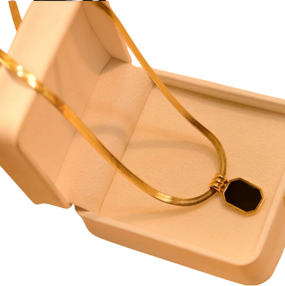 Anti Tarnish 18K Gold Plated Stainless Steel Snake Chain Necklace for Women | PVD Plated Minimal Round Black Pendant Necklace