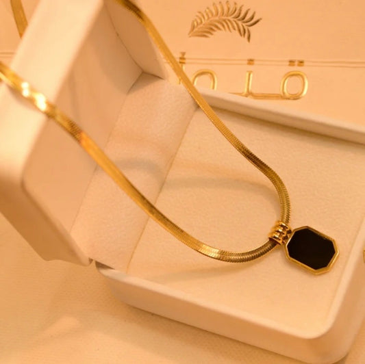 Anti Tarnish 18K Gold Plated Stainless Steel Snake Chain Necklace for Women | PVD Plated Minimal Round Black Pendant Necklace