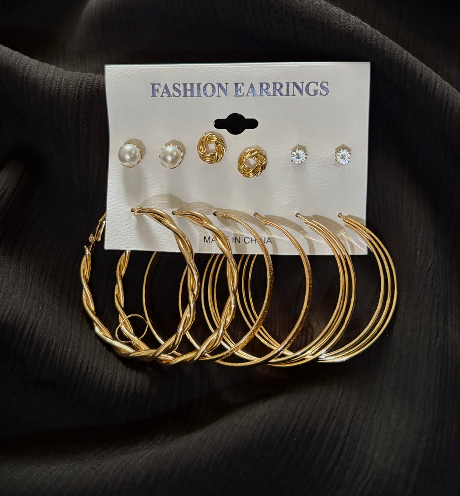 6 Pair Gold Hoop & Stud Earrings Set – Pearl, Crystal, Knot & Twisted Hoop Fashion Jewelry for Women