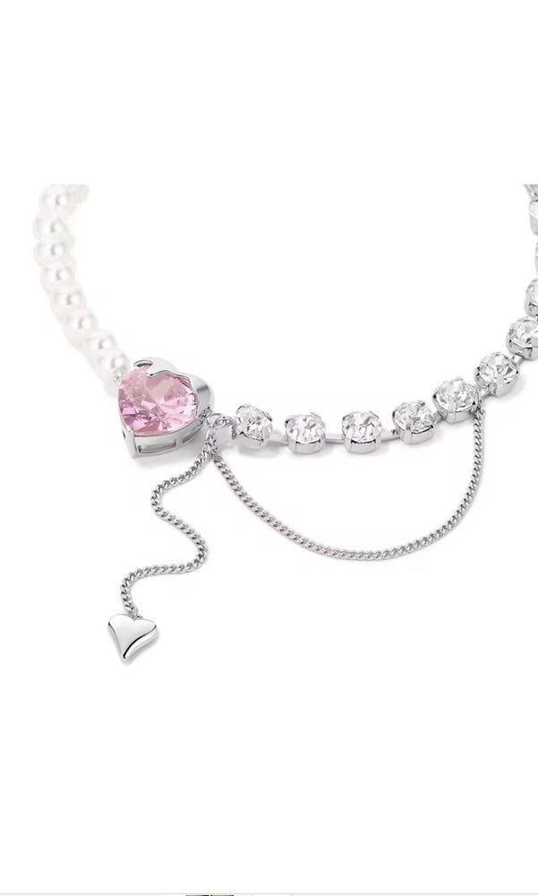 Pearl & Crystal Heart Pendant Fancy Necklace | Designer Asymmetrical Chain for Women