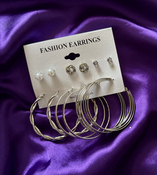 Silver Hoop & Stud Earrings Set – 6 Pair Trendy Fashion Jewellery Combo for Women