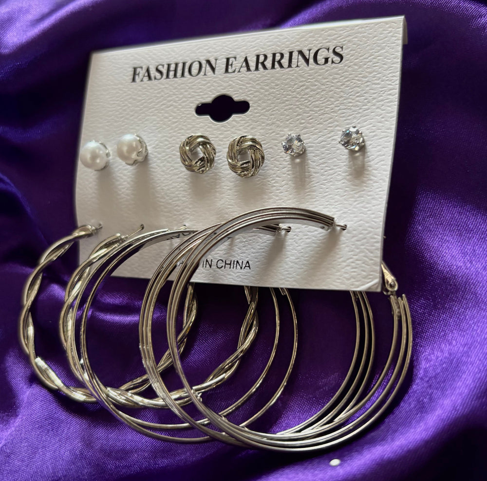 Silver Hoop & Stud Earrings Set – 6 Pair Trendy Fashion Jewellery Combo for Women