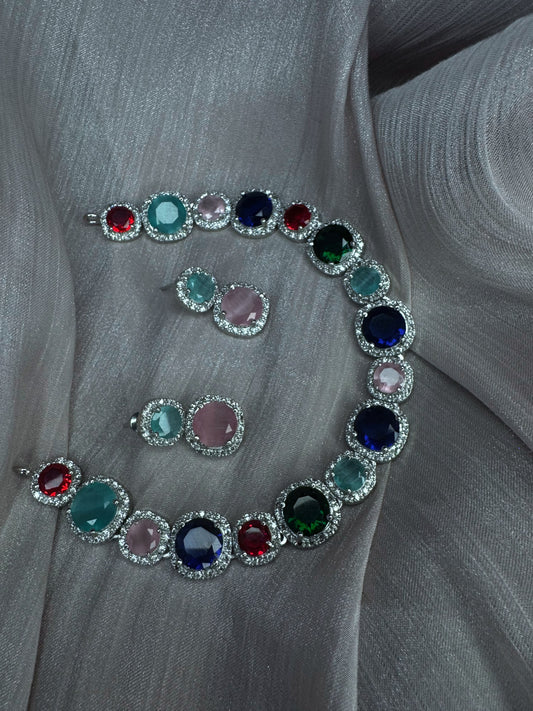 Luxury Multicolor Crystal Stone Necklace Set with Earrings – Silver Plated Party Wear Statement Jewellery for Women