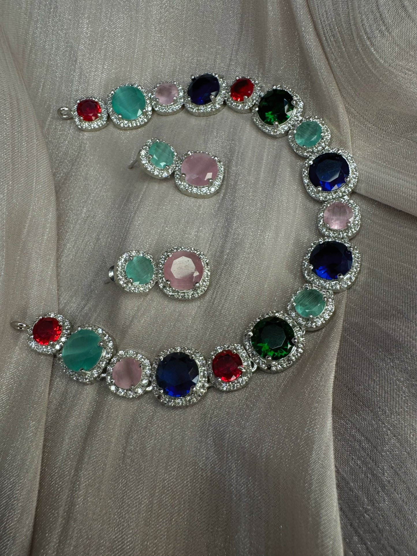 Luxury Multicolor Crystal Stone Necklace Set with Earrings – Silver Plated Party Wear Statement Jewellery for Women