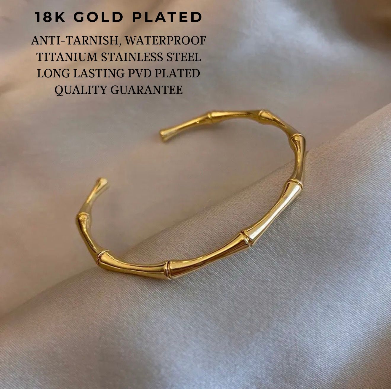 18K Gold Plated Bamboo Bracelet – Anti Tarnish Waterproof Stainless Steel Cuff