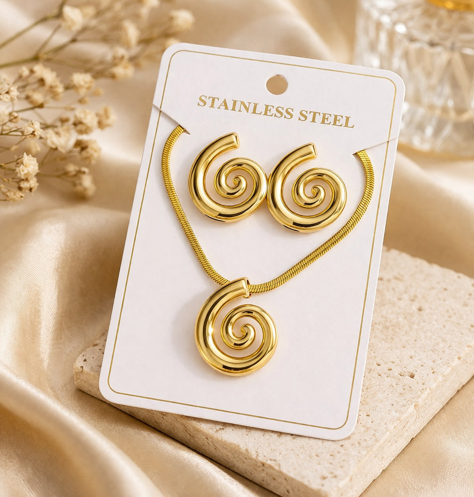 Elegant 18K Gold Plated Spiral Jewellery Set – Anti Tarnish Stainless Steel Necklace & Earrings