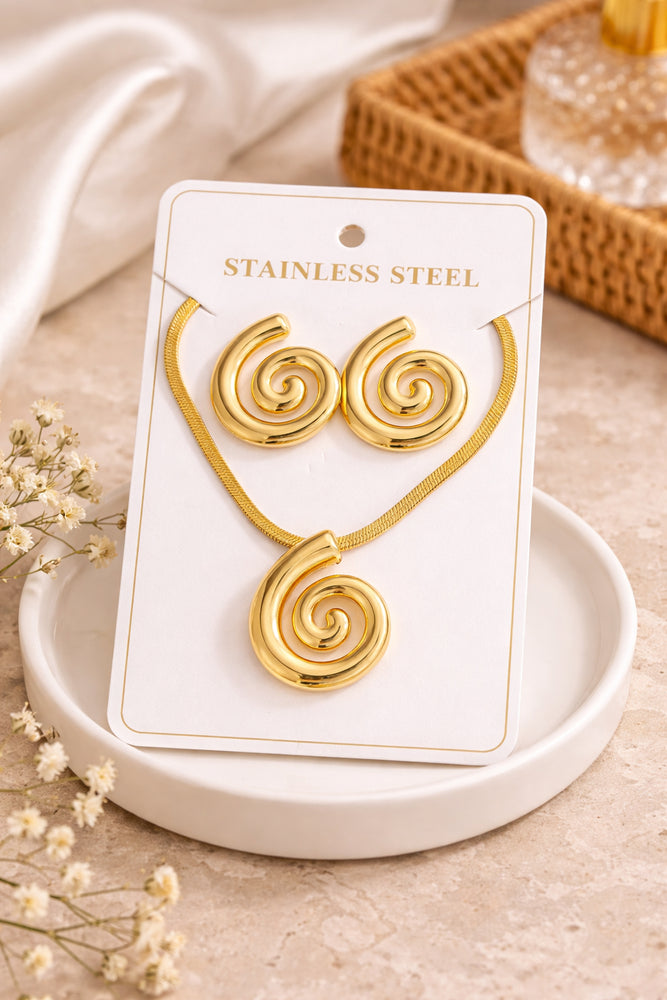 Elegant 18K Gold Plated Spiral Jewellery Set – Anti Tarnish Stainless Steel Necklace & Earrings