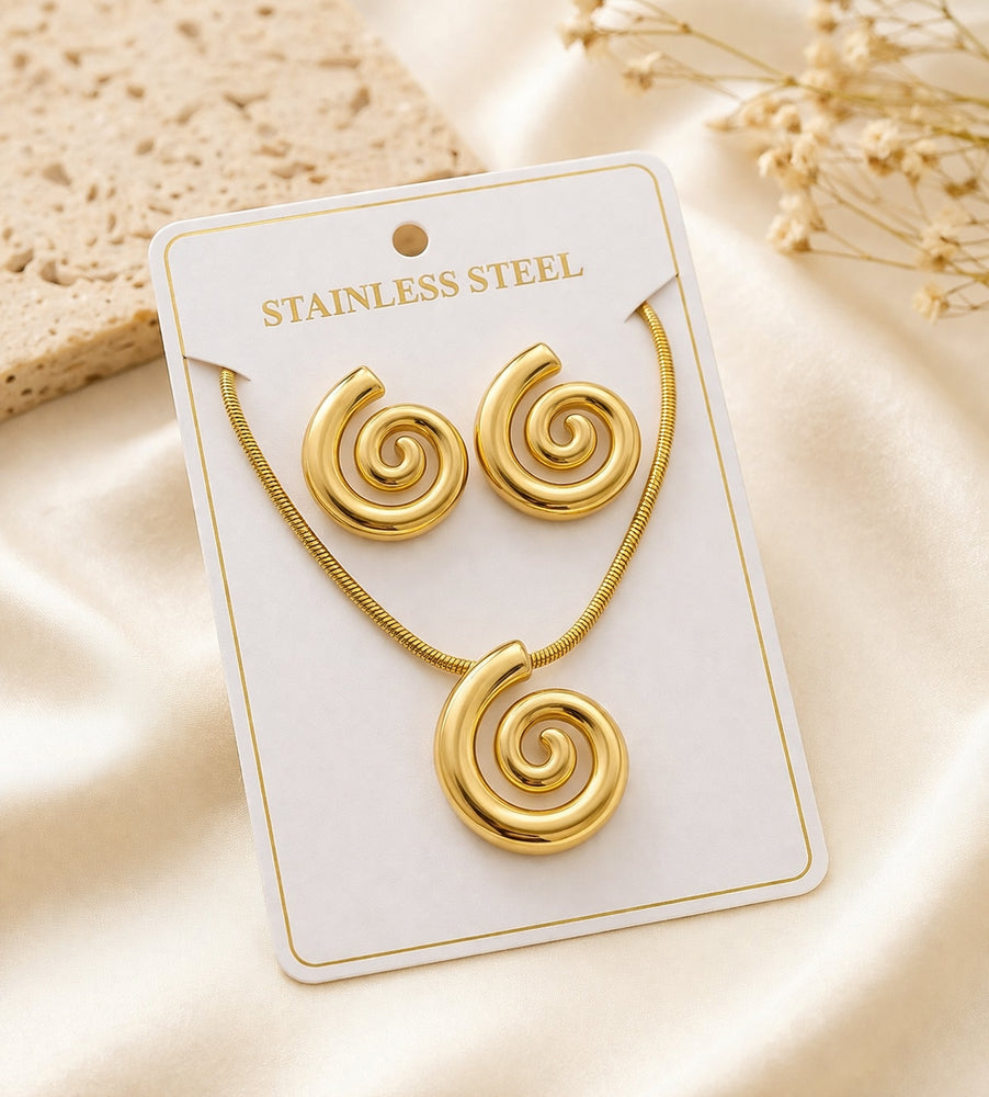 Elegant 18K Gold Plated Spiral Jewellery Set – Anti Tarnish Stainless Steel Necklace & Earrings