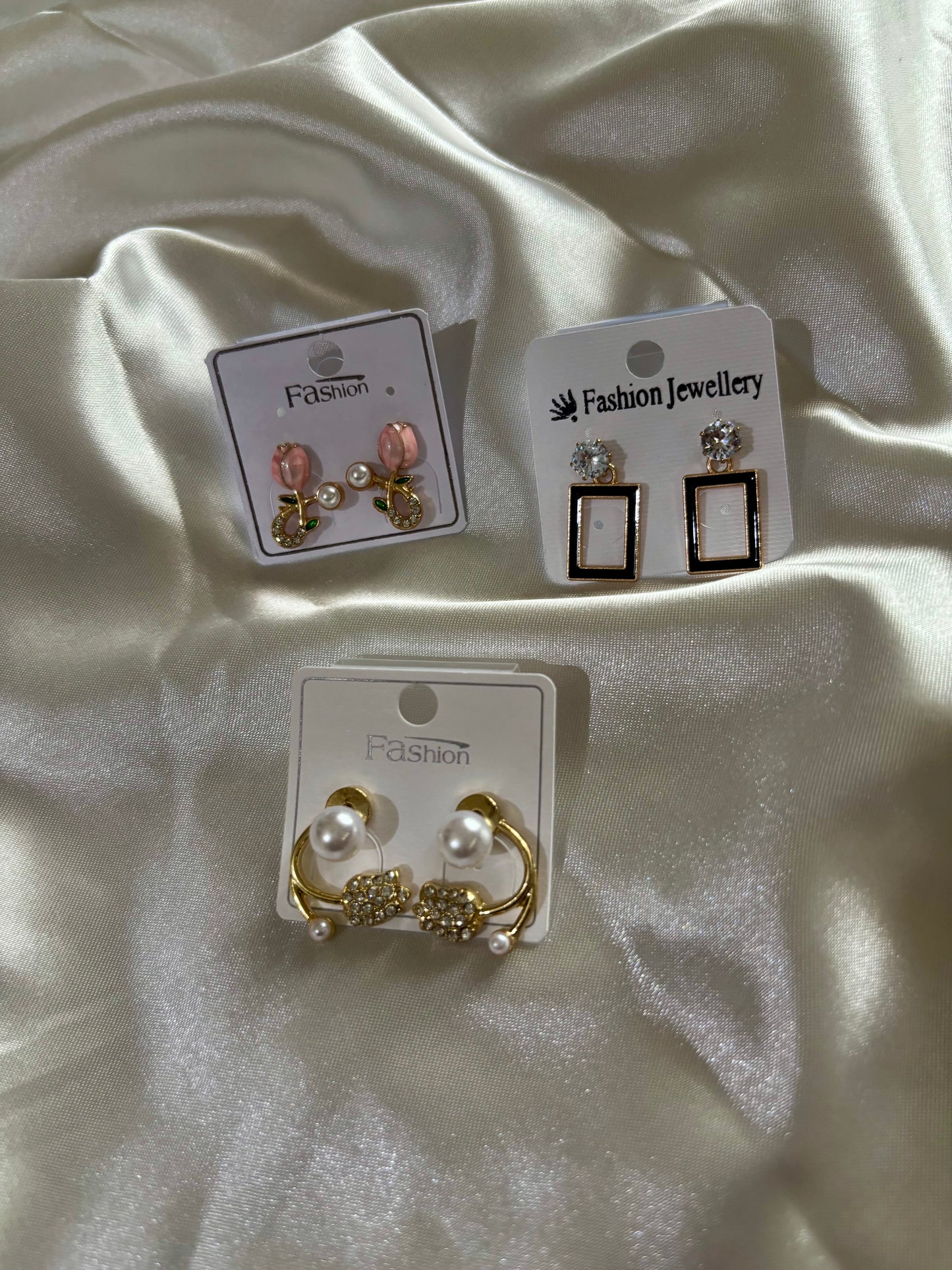 Korean Style Gold Plated Earrings Combo – 3 Pair Pearl & Crystal Fashion Stud Earrings Set for Women