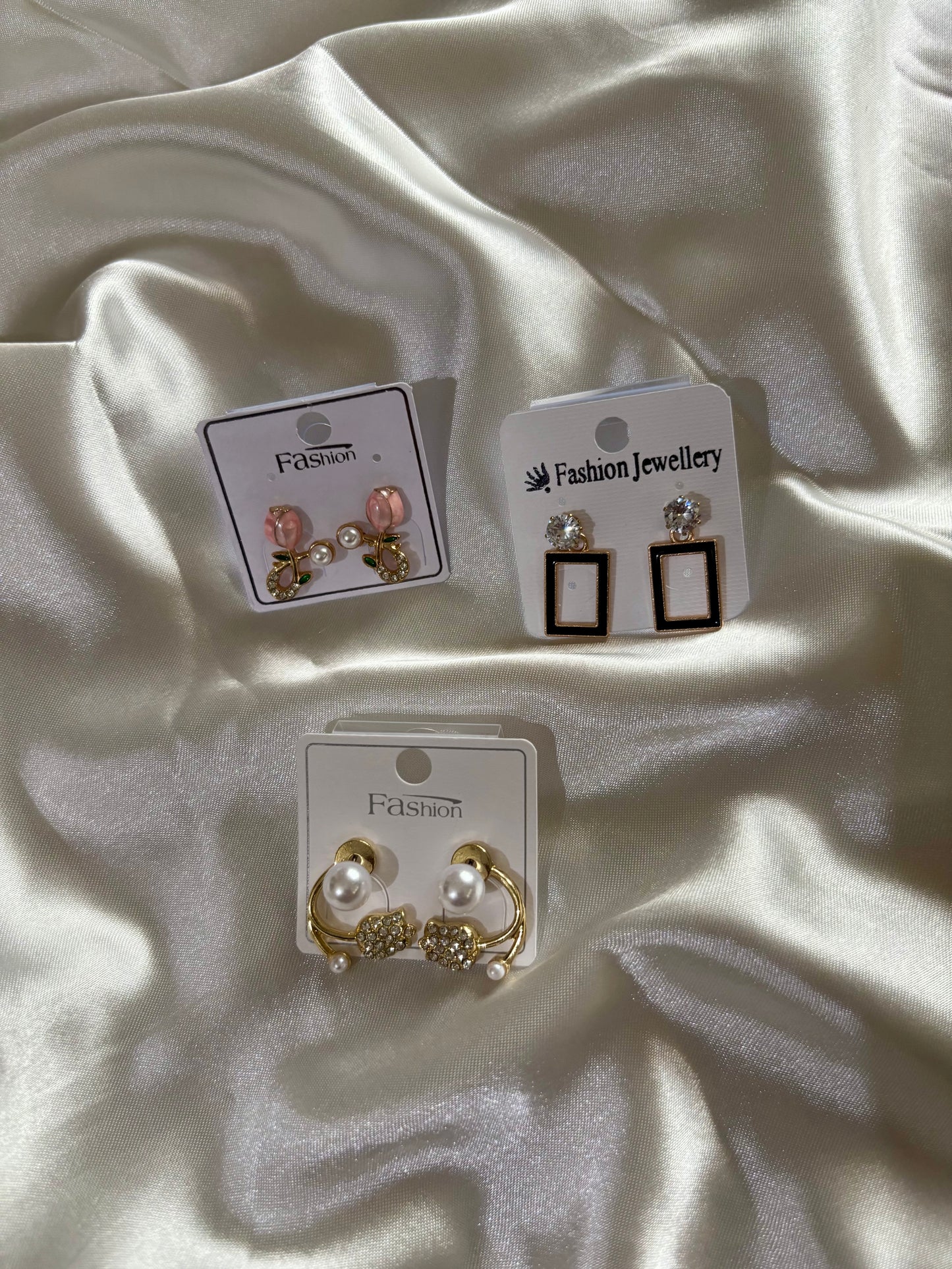 Korean Style Gold Plated Earrings Combo – 3 Pair Pearl & Crystal Fashion Stud Earrings Set for Women