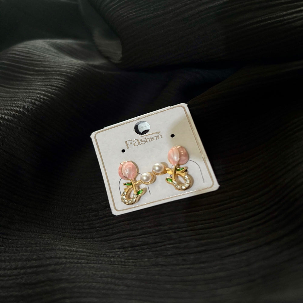 Korean Style Floral Pearl Drop Earrings – Gold Plated Tulip Flower Crystal Earrings for Women