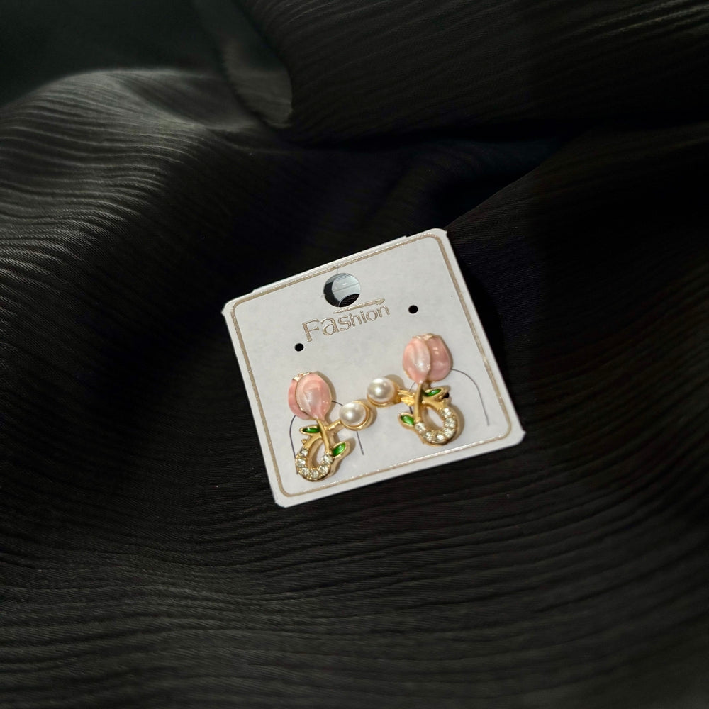 Korean Style Floral Pearl Drop Earrings – Gold Plated Tulip Flower Crystal Earrings for Women