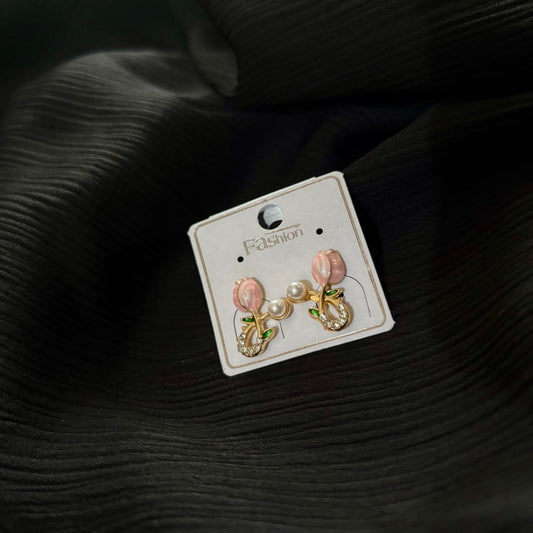 Korean Style Floral Pearl Drop Earrings – Gold Plated Tulip Flower Crystal Earrings for Women