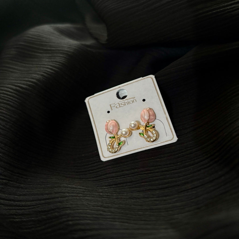 Korean Style Floral Pearl Drop Earrings – Gold Plated Tulip Flower Crystal Earrings for Women