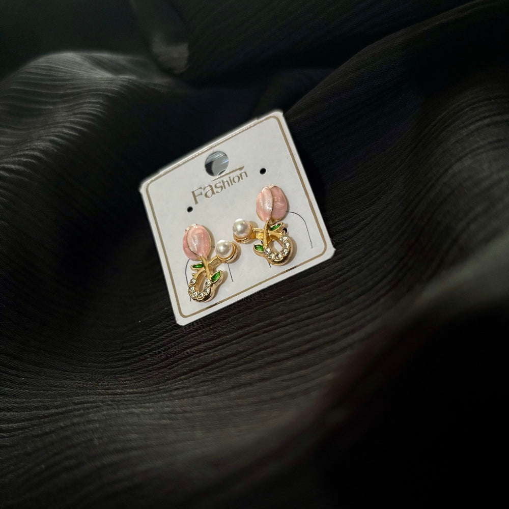 Korean Style Floral Pearl Drop Earrings – Gold Plated Tulip Flower Crystal Earrings for Women