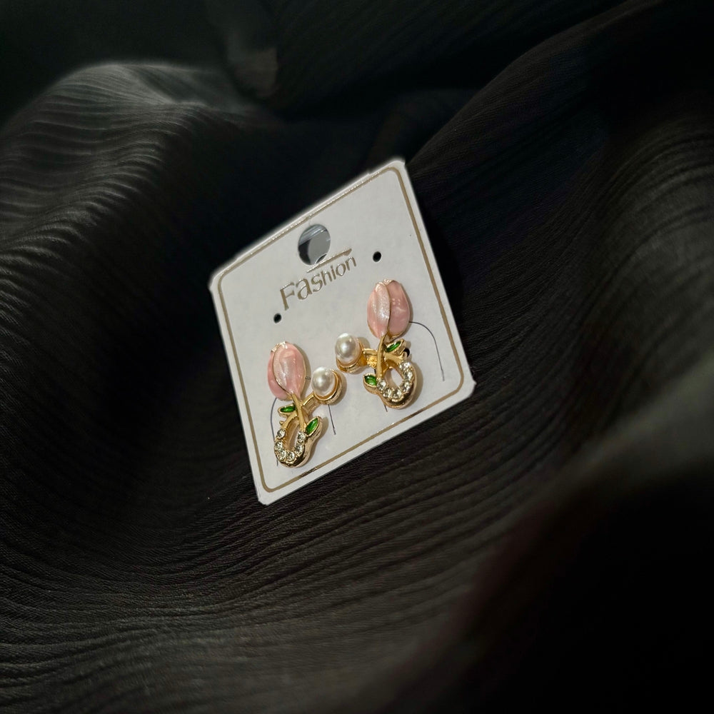 Korean Style Floral Pearl Drop Earrings – Gold Plated Tulip Flower Crystal Earrings for Women