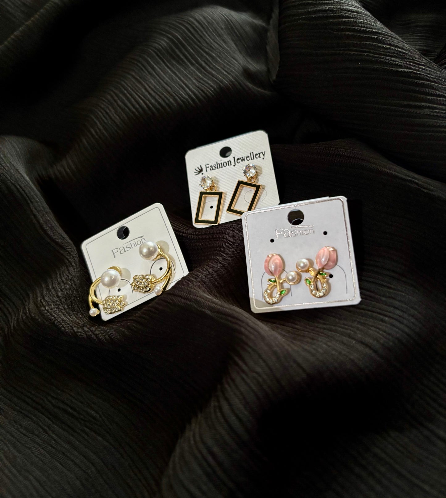 Korean Style Gold Plated Earrings Combo – 3 Pair Pearl & Crystal Fashion Stud Earrings Set for Women
