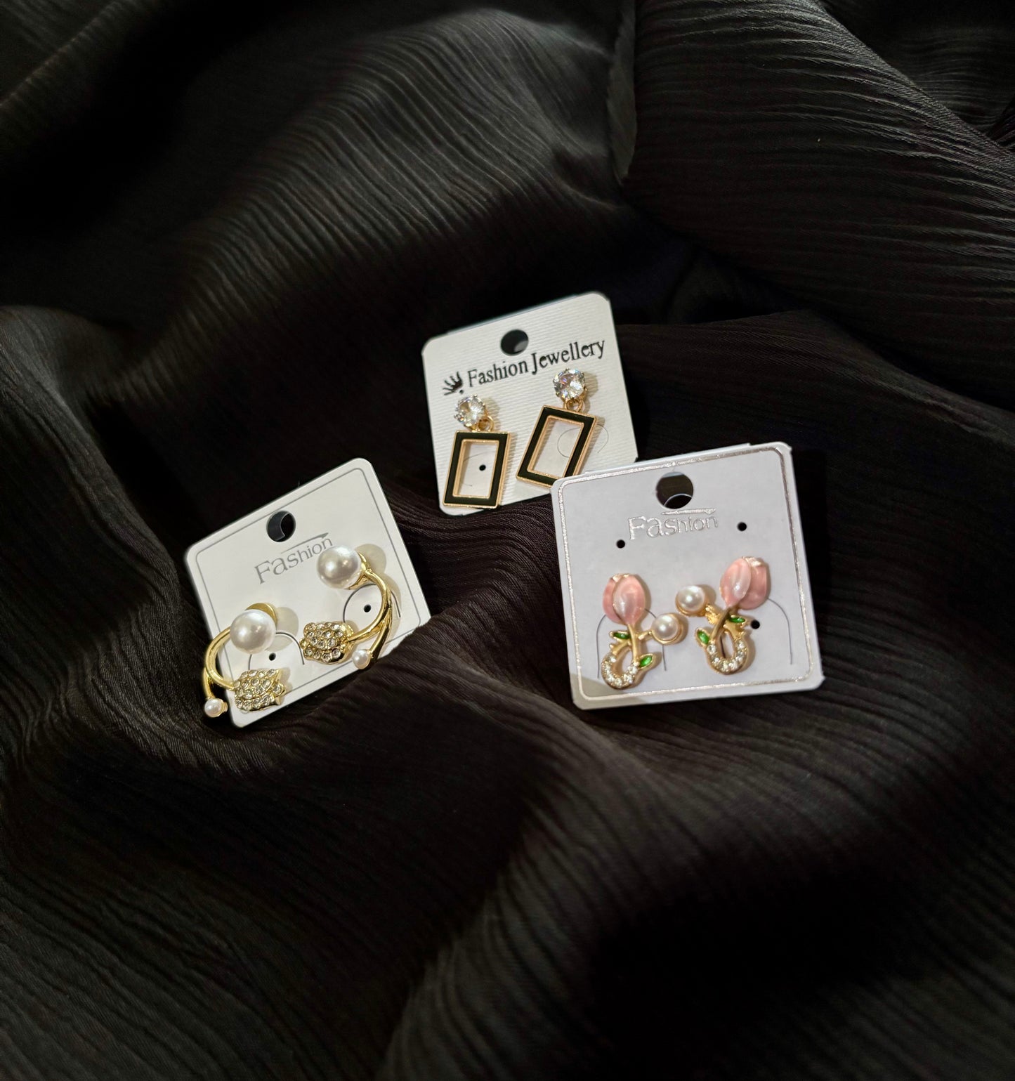 Korean Style Gold Plated Earrings Combo – 3 Pair Pearl & Crystal Fashion Stud Earrings Set for Women