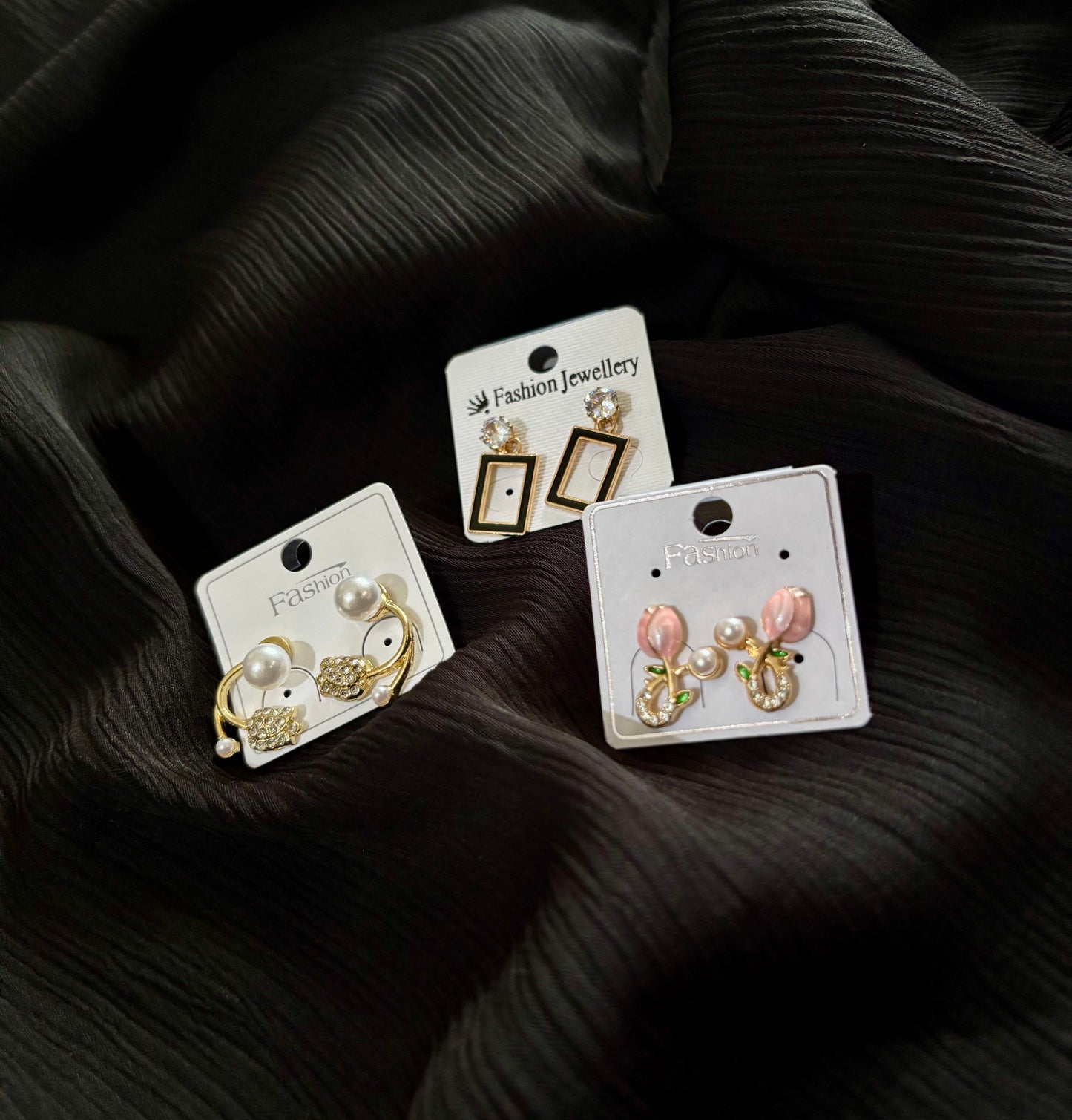Korean Style Gold Plated Earrings Combo – 3 Pair Pearl & Crystal Fashion Stud Earrings Set for Women