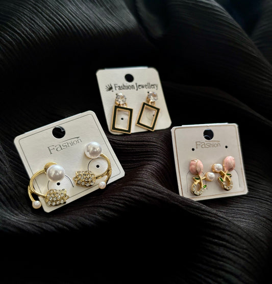 Korean Style Gold Plated Earrings Combo – 3 Pair Pearl & Crystal Fashion Stud Earrings Set for Women
