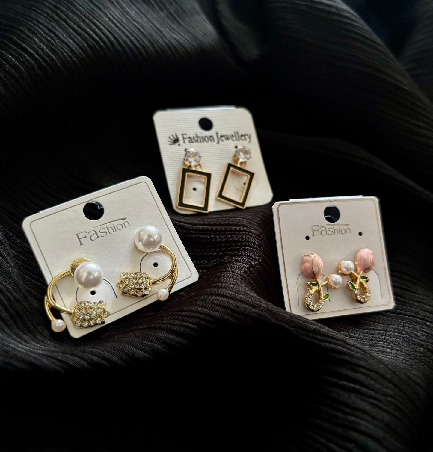 Korean Style Gold Plated Earrings Combo – 3 Pair Pearl & Crystal Fashion Stud Earrings Set for Women