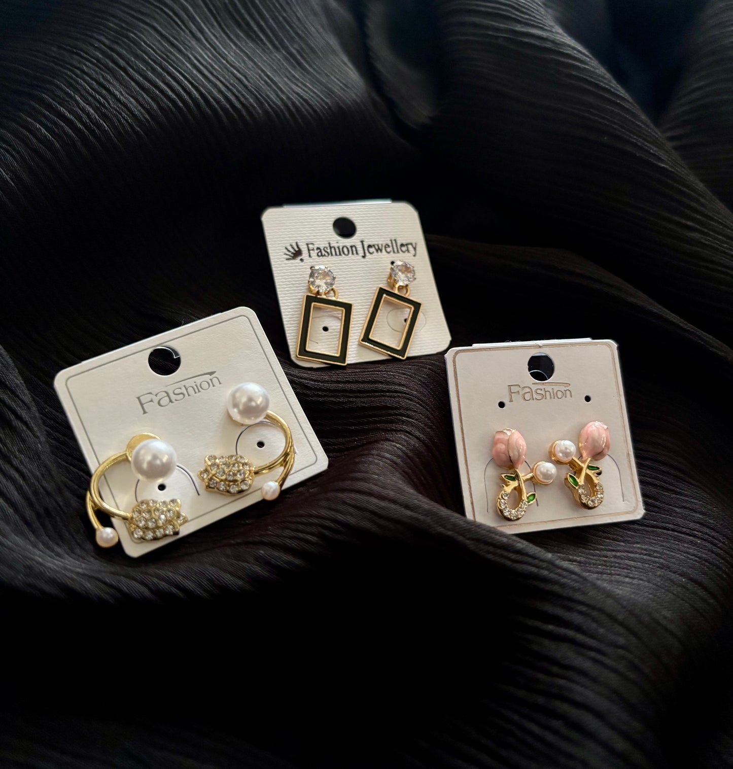 Korean Style Gold Plated Earrings Combo – 3 Pair Pearl & Crystal Fashion Stud Earrings Set for Women