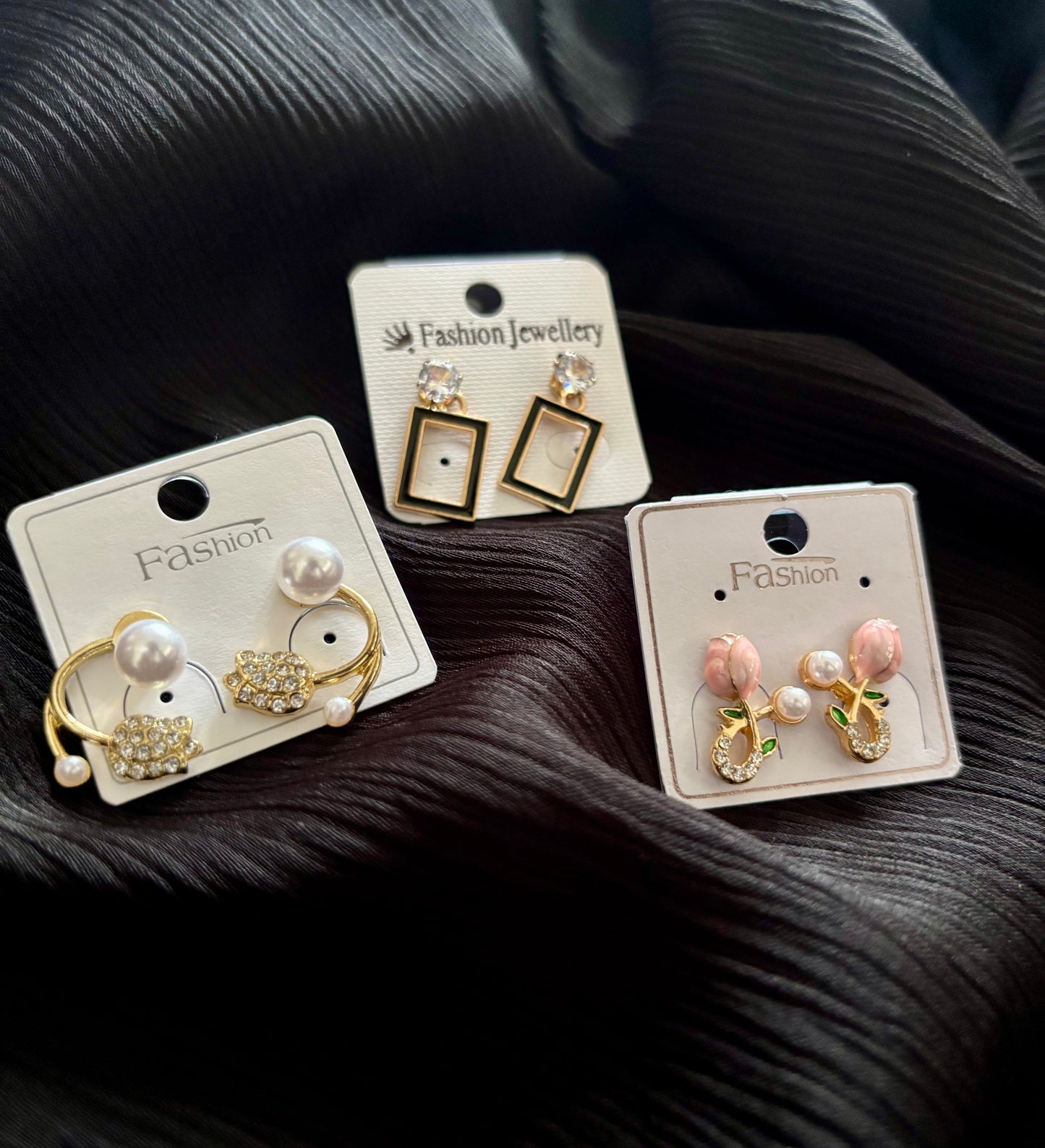 Korean Style Gold Plated Earrings Combo – 3 Pair Pearl & Crystal Fashion Stud Earrings Set for Women