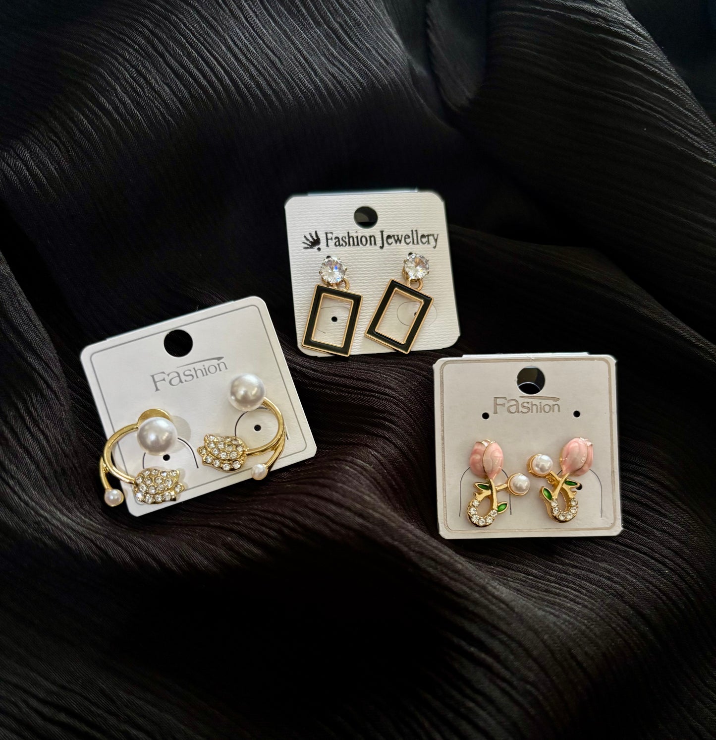 Korean Style Gold Plated Earrings Combo – 3 Pair Pearl & Crystal Fashion Stud Earrings Set for Women