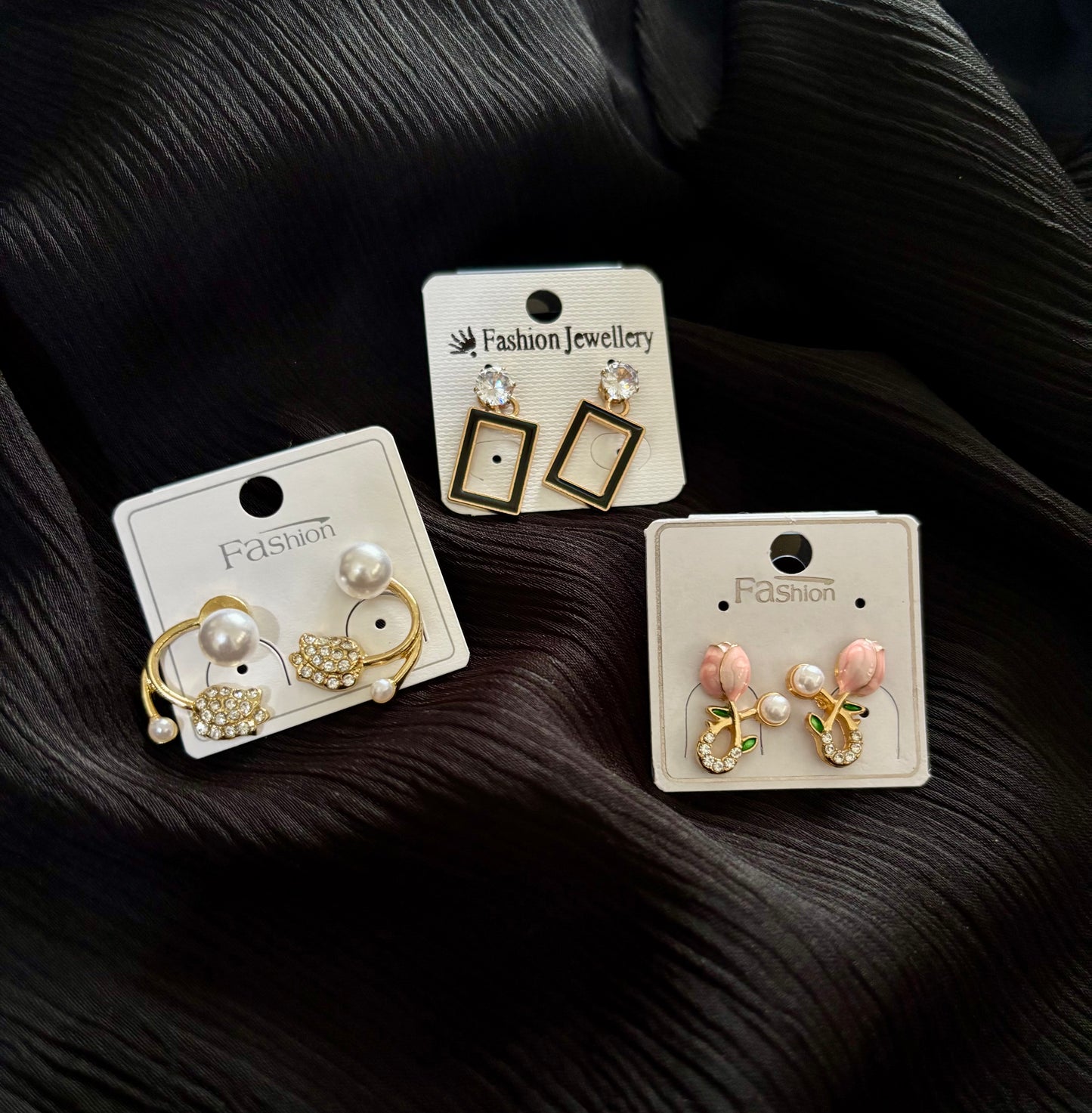 Korean Style Gold Plated Earrings Combo – 3 Pair Pearl & Crystal Fashion Stud Earrings Set for Women