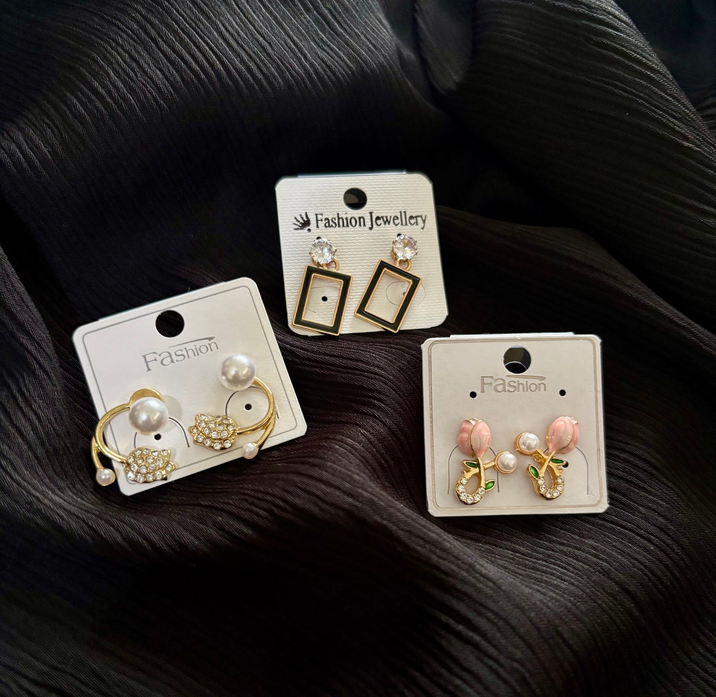 Korean Style Gold Plated Earrings Combo – 3 Pair Pearl & Crystal Fashion Stud Earrings Set for Women