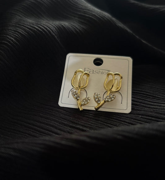Elegant Gold Tulip Flower Earrings with Crystal Leaves – Korean Style Floral Earrings for Women