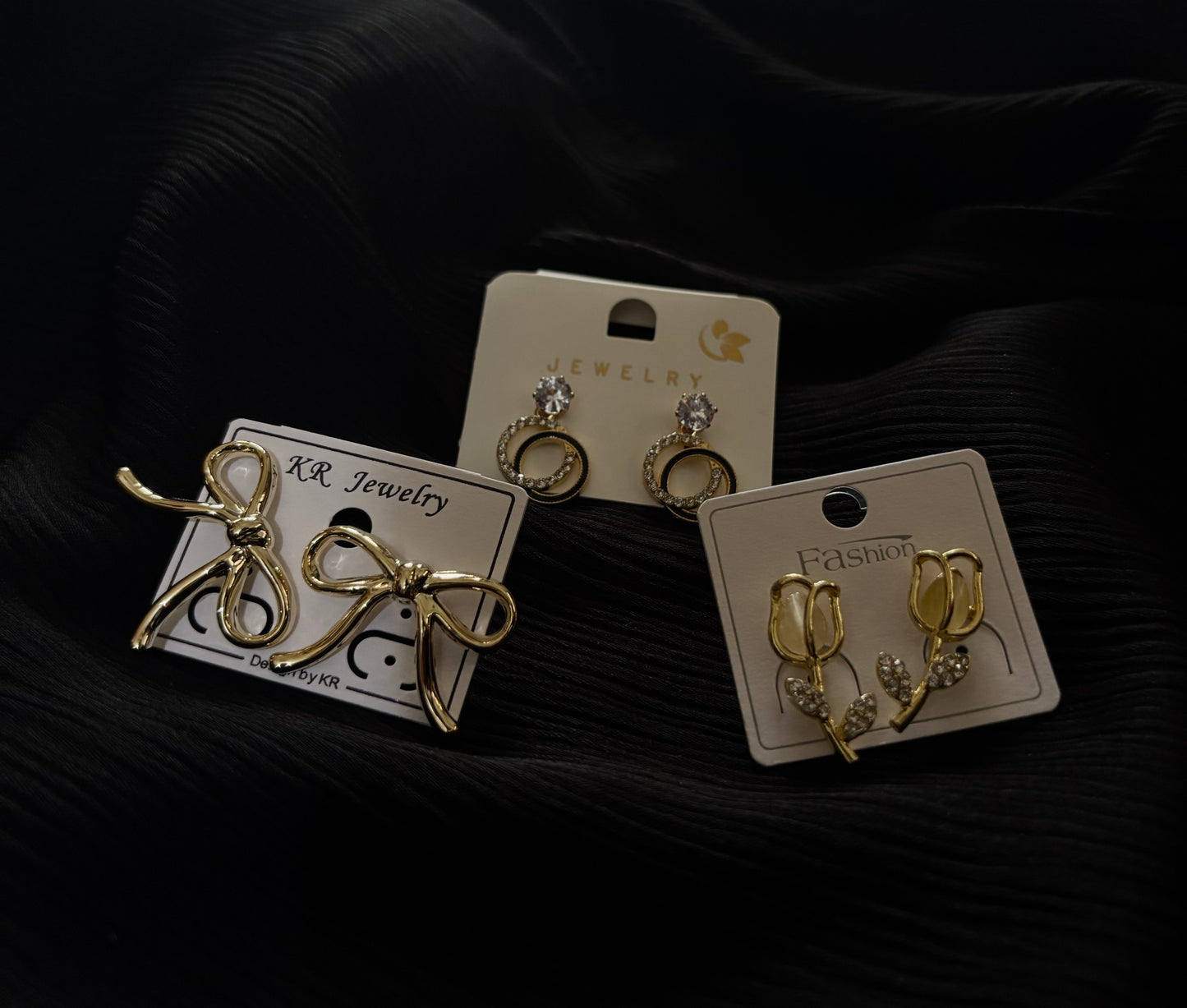 3 Pair Korean Style Gold Earrings Set – Bow, Crystal Circle & Floral Leaf Design Trendy Fashion Earrings for Women
