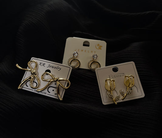 3 Pair Korean Style Gold Earrings Set – Bow, Crystal Circle & Floral Leaf Design Trendy Fashion Earrings for Women