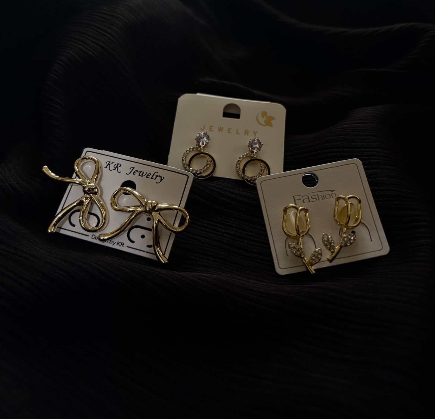 3 Pair Korean Style Gold Earrings Set – Bow, Crystal Circle & Floral Leaf Design Trendy Fashion Earrings for Women