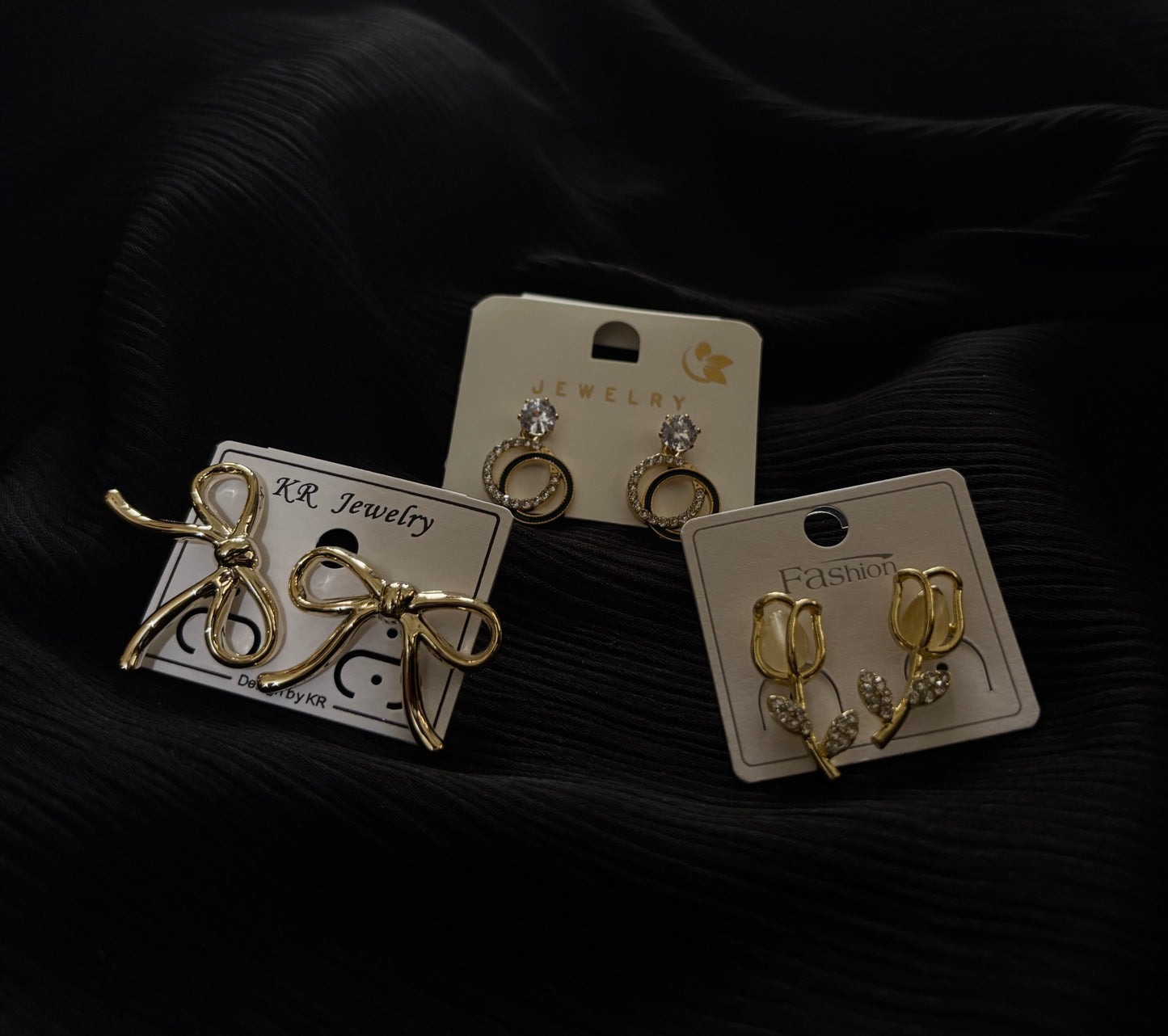 3 Pair Korean Style Gold Earrings Set – Bow, Crystal Circle & Floral Leaf Design Trendy Fashion Earrings for Women