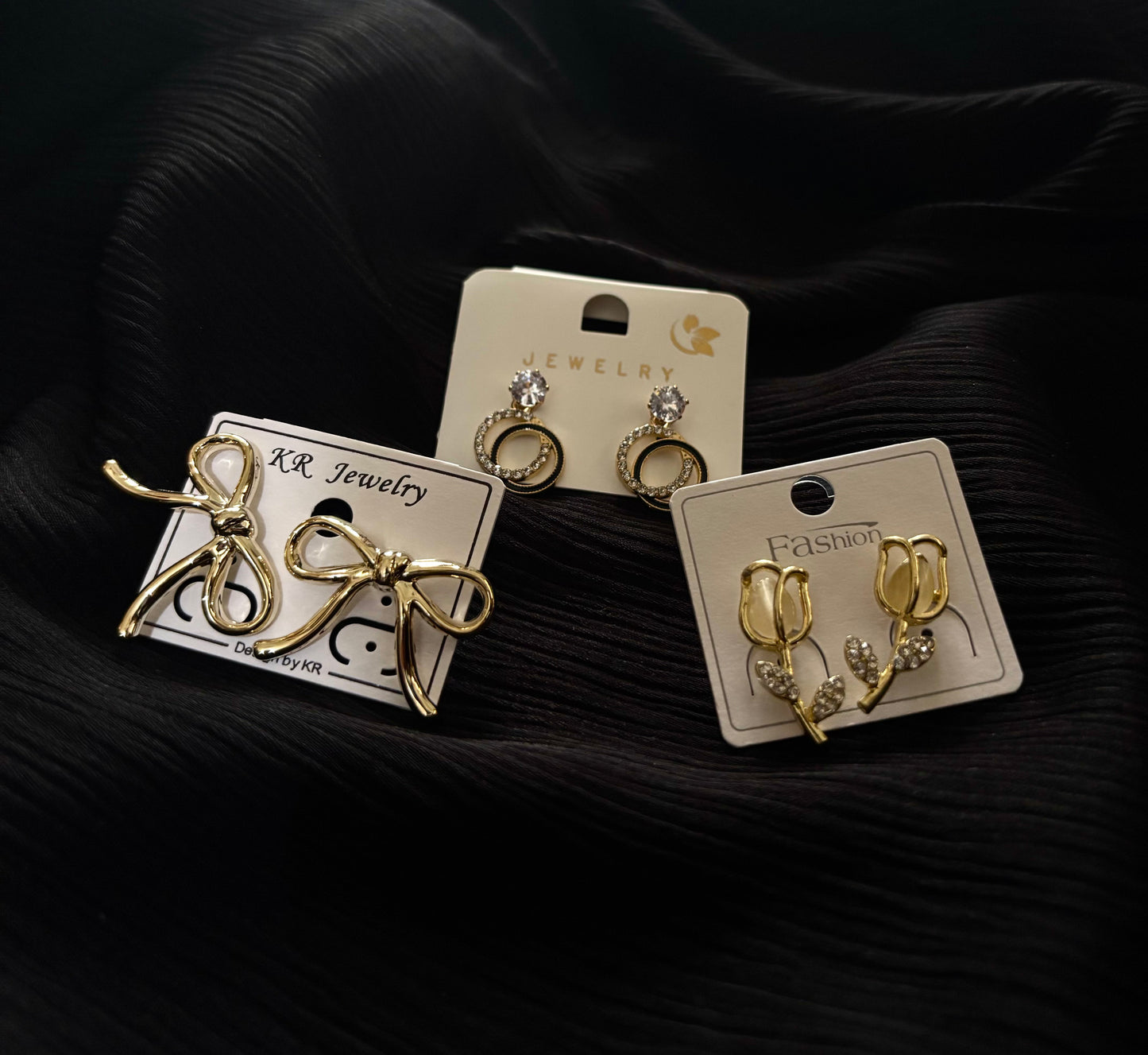 3 Pair Korean Style Gold Earrings Set – Bow, Crystal Circle & Floral Leaf Design Trendy Fashion Earrings for Women