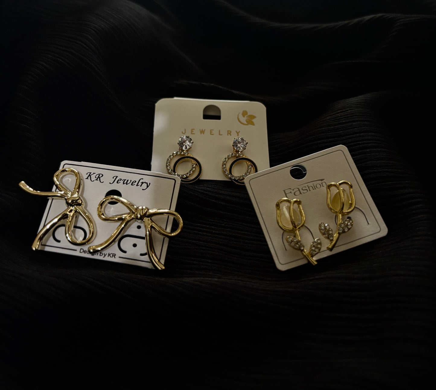 3 Pair Korean Style Gold Earrings Set – Bow, Crystal Circle & Floral Leaf Design Trendy Fashion Earrings for Women
