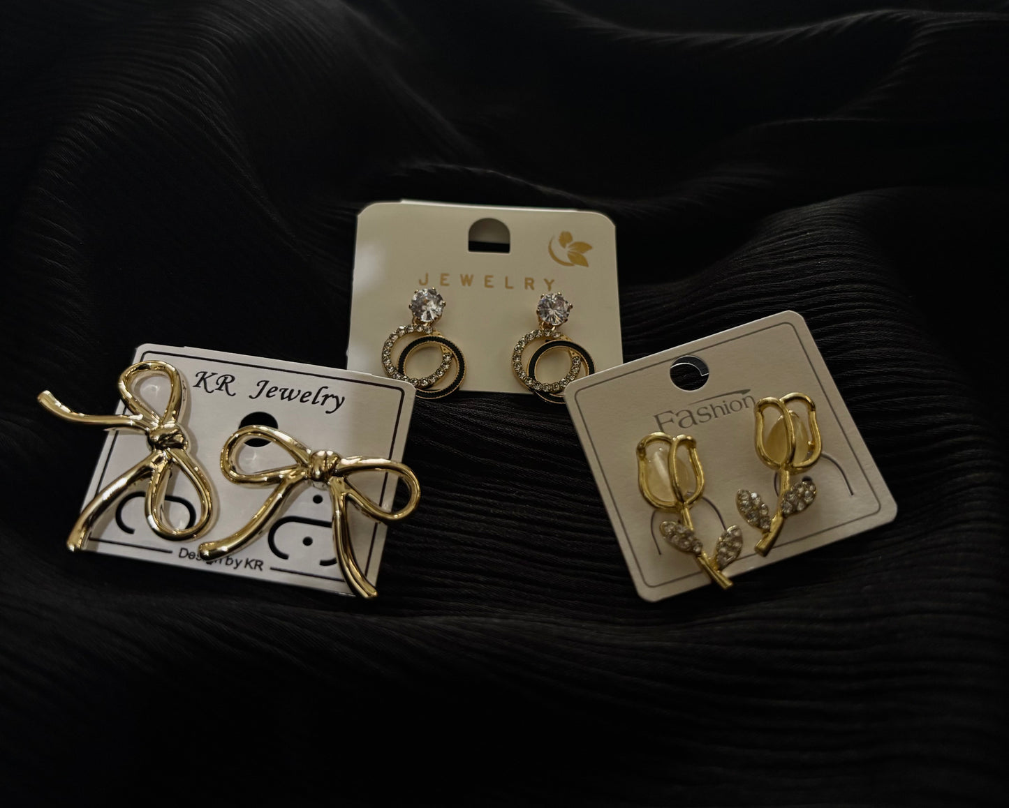 3 Pair Korean Style Gold Earrings Set – Bow, Crystal Circle & Floral Leaf Design Trendy Fashion Earrings for Women