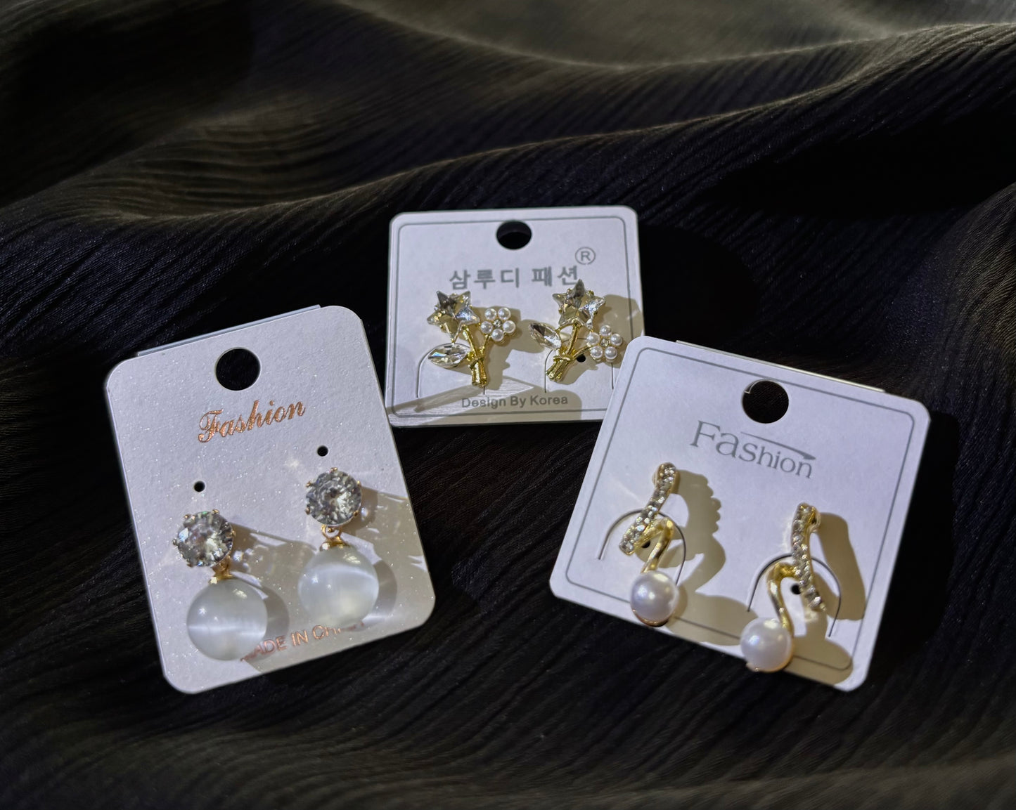 Korean Style 3 Pair Earrings Set – Crystal Stud, Pearl Drop & Cute Floral Gold Earrings for Women