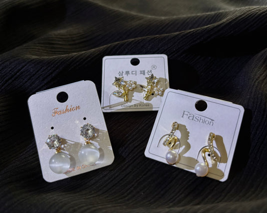 Korean Style 3 Pair Earrings Set – Crystal Stud, Pearl Drop & Cute Floral Gold Earrings for Women